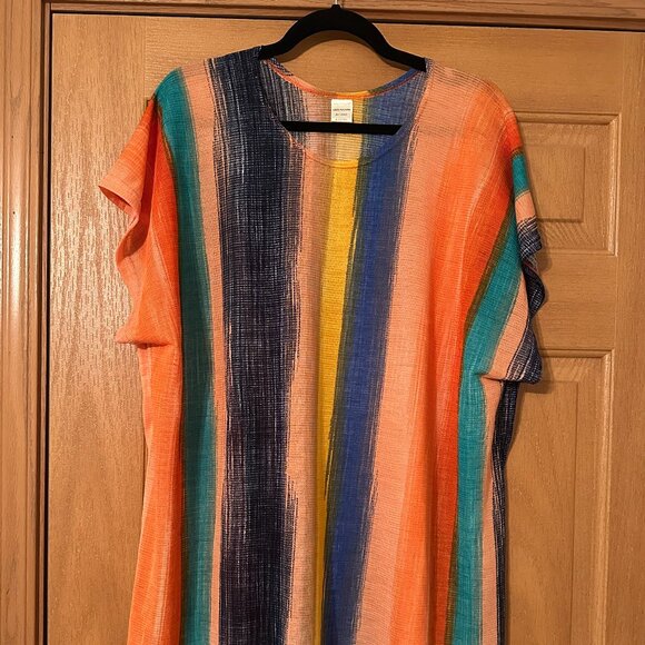 100% Polyester Orange Blue Gold Striped Scoop Neck Coverup Kimono One Size - Picture 2 of 8